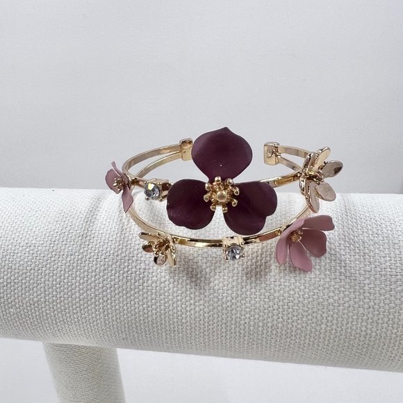 🌸🌼💕 Host Pick - NWOT - Burgundy and Pink Flowers on Gold Tone Bracelet - Picture 2 of 8